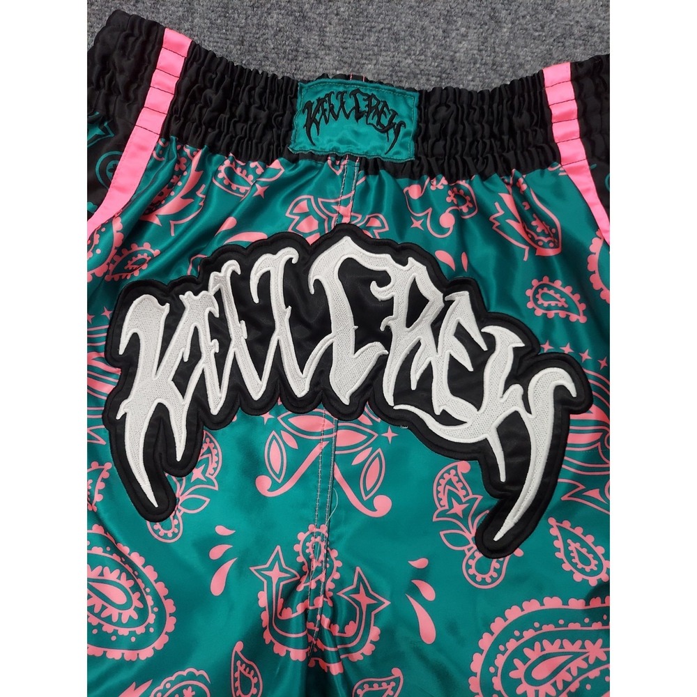 KILL CREW Fight Shorts Mens XL Teal Green Black Bandana Print Boxing Gym - Picture 2 of 12